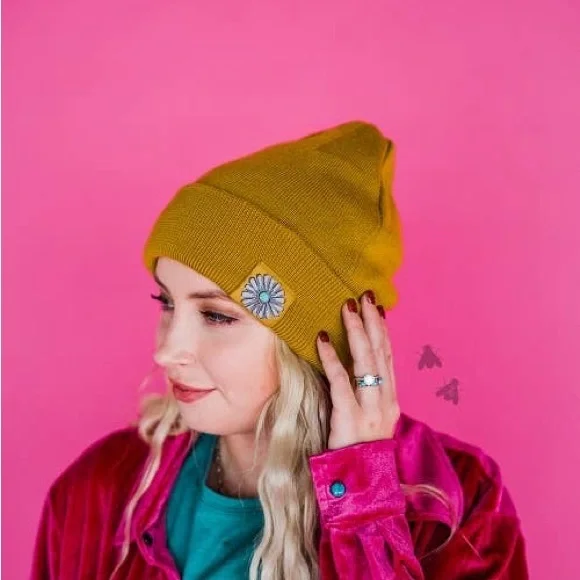 Mustard Yellow Beanie with squash blossom - Picture 1 of 2